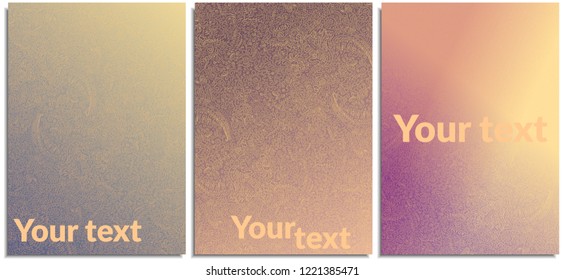 Vector set of posters, covers with manual pattern of curved lines, geometric various patterns in the technique of doodles and zenart, continuous, peach on a soft color, purple, blue, pink background