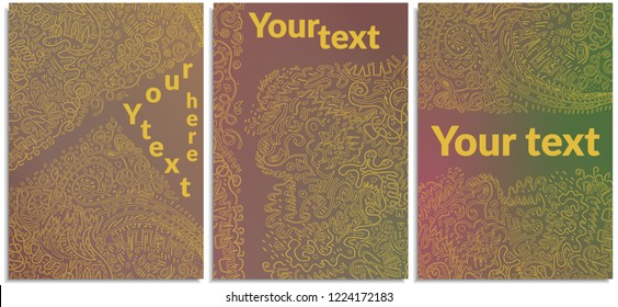 Vector set of posters, covers with manual pattern of curved lines, geometric various patterns in the technique of doodles and zenart, continuous,gold on a soft color, purple, green, pink background