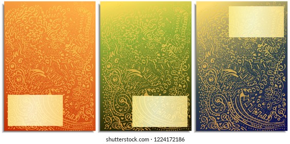 Vector set of posters and covers with manual pattern of curved lines, geometric various patterns in the technique of doodle, zenart, continuous, monophonic on a color orange, green and blue background