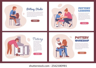 Vector set of posters depicting characters of different genders and ages in a pottery workshop. Handmade, hobby, Master class. Making ceramic dishes. Flat style. Space for text.