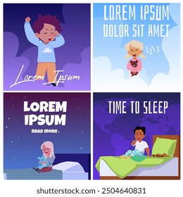 Vector set of posters depicting yawning children in pajamas. Sleepy children are going to bed or waking up in the morning. Cute little characters in Flat style. Advertising flyers in flat style.