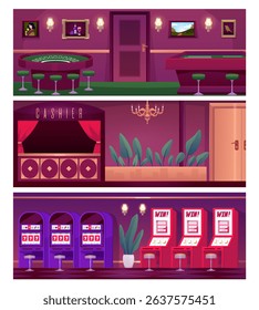 Vector set of posters of empty casino interior rooms with poker tables, cashier, and slot machines. Modern premises for gambling. Leisure and pastime. Flat style. Illustration.
