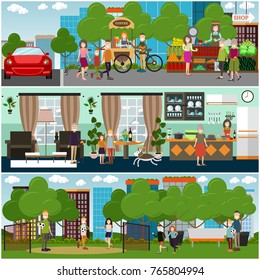 Vector set of posters with family characters engaged in domestic chores in house and taking rest outside. Family people walking in the street, cooking, playing football. Flat style design.