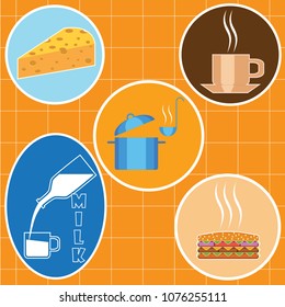 Vector set of posters of food on a banner in the style of Memphis. For printing on posters and t-shirts