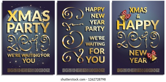 Vector set of posters, greetings, cards, invitations to the Christmas and happy New Year party. Photorealistic serpentine and the inscription 2019 brilliant serpentine with a bells on blue background