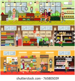 Vector set of posters with grocery store or supermarket interior with cashiers, promoters, buyers men, women, families. People making purchases concept. Flat style design.