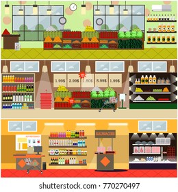 Vector set of posters with grocery or supermarket interior with cash boxes, shelves full of fresh fruits, vegetables, meat, milk products, soft and alcohol drinks. Purchases concept flat style design.