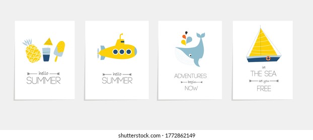 Vector set of posters "hello summer". Summer illustrations. Postcards.
