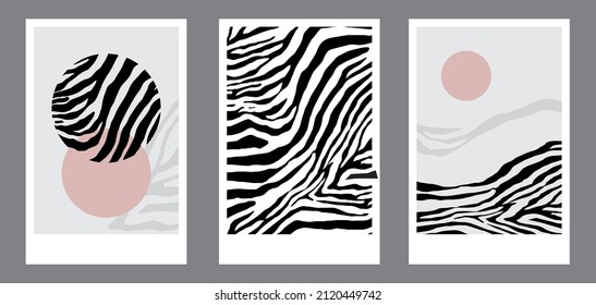 Vektorset. Poster zu Hause. Minimalismus, Loft. Abstraktes Design, Safari, Zebra. Für Cover, Wallpaper, Drucke, natürliche Wandkunst. Boho Kunstzeichnung mit Zebradruck.