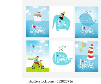 Vector set of posters "I love to travel" with cartoon characters. Funny animals. Ocean, sea, ship, whale, lighthouse, sea, balloons, clouds, sky, blue, poster, invitation, travel agency.