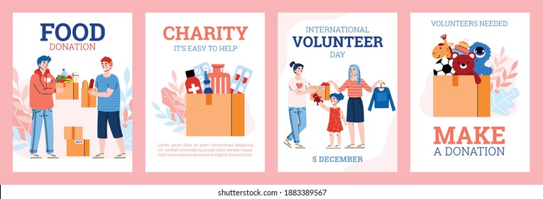 Vector Set Of Posters For International Volunteer Day. People Collect Donations In Cardboard Boxes - Clothes, Food, Toys For Kids And Medications. Donate, Help And Charity For Poor