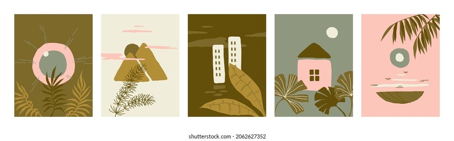 Vector set of posters made in abstract style. Sea, sunset at sea, sunset in the mountains, hut, exotic leaves, mountains, sun, palm, palm branches. Modern stylish paintings.