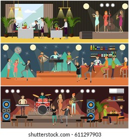 Vector set of posters with musicians performing on stage of night club, disco club, in restaurant. People dancing to music flat style design elements.