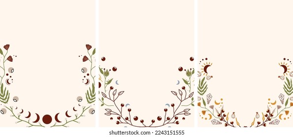 Vector set of posters with mystical leaves, flowers, moon, stars. Celestial design with space for your text suitable for posters, banners, cosmetics, spa. Bohemian posters. Vector illustration