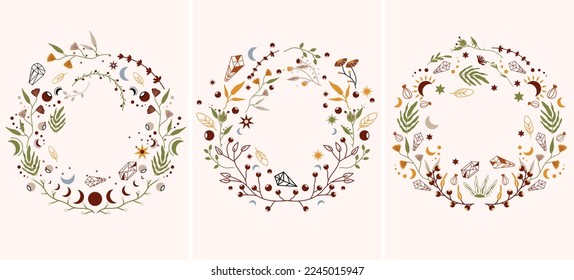 Conjunto vectorial de afiches con hojas místicas, flores, luna, estrellas. Diseño celeste con espacio para el texto adecuado para afiches, banners, cosméticos, spa. Afiches bohemios. Ilustración del vector