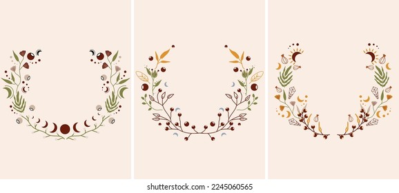 Conjunto vectorial de afiches con hojas místicas, flores, luna, estrellas. Diseño celeste con espacio para el texto adecuado para afiches, banners, cosméticos, spa. Afiches bohemios. Ilustración del vector