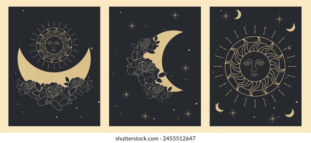 Vector set of posters of mystical magical objects, tarot astrology symbols, moon, Aztec sun goddess sign, Libra zodiac, stars. Fashionable minimalist style. Objects of spiritual occultism.