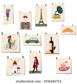 Vector set of posters with national symbols of France. Postcards, souvenirs for tourists.  Elements to use in the design.