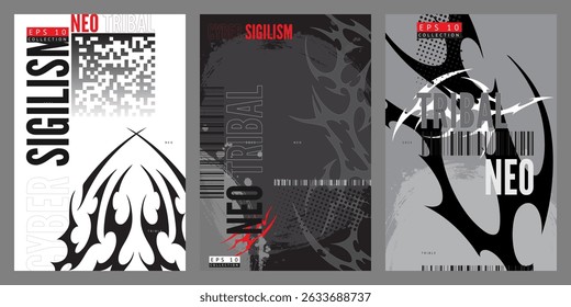 Vector set of posters in neo-tribal and cyber sigilism style. Y2K graphics with abstract patterns, barcode, GR code and fonts in the spirit of 90s techno aesthetics. Flat style. Monochrome color.
