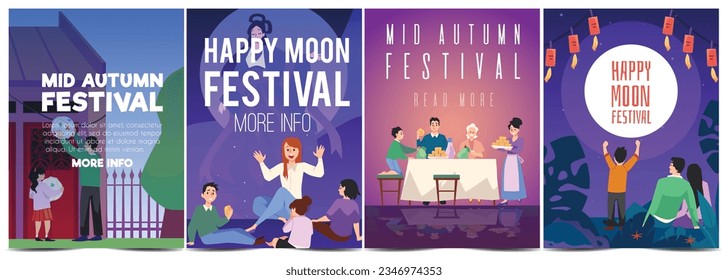 Vector set posters with people celebrate happily mid autumn, happy moon festival. Asian family enjoy reunion dinner, mooncakes, red paper lantern decorate. Creative chinese style greeting banner