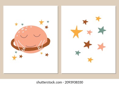 Vector set of posters with planet and star in kids boho style. Boho style nursery decoration. Cute posters.
