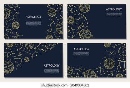 Vector set of posters with planets and constellations. Astrological background. A template with space for text.