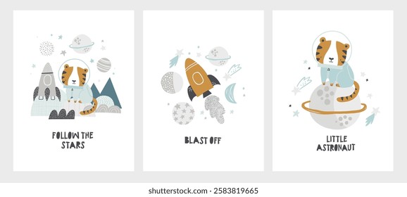 Vector set of posters, postcards with cute tiger astronaut, space elements, planets, rocket, stars. Illustration for children. Space adventures. Nursery. Scandinavian style. Saturn, Moon.