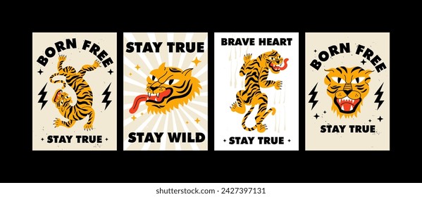 Vector set posters or prints with illustration of walking tiger and tiger head. Cartoon animal character with quotes