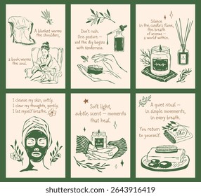 Vector set of posters and prints themed around calm and self-care. Hand-drawn sketches with lettering, inspired by a cozy and mindful lifestyle. Suitable for print, home decor, and digital use