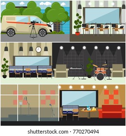 Vector set of posters with radio studio interior with furniture and recording equipment. Radio broadcast concept, flat style design.