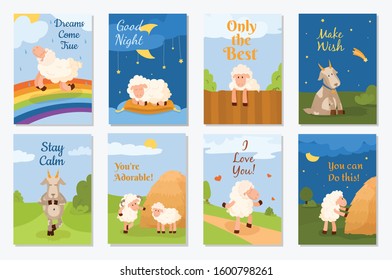 Vector set of posters with sheep, goats and ram.
Wishcards on various backdrops.