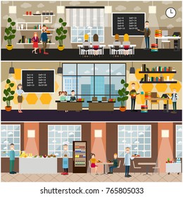 Vector set of posters with teachers and school children, classroom interior with furniture and supplies, school canteen with dining furniture food and drink. School concept flat style design elements.
