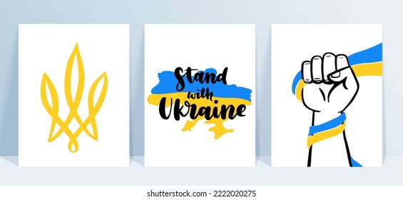 Vector set of posters of Ukraine. Stand with Ukraine, ukrainian trident and hand holding ukrainian flag. War in Ukraine concept.