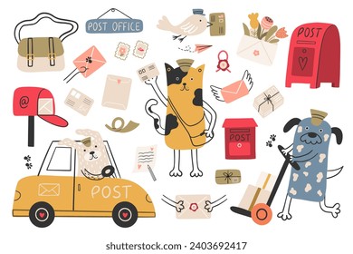 Vector set of a postman, parcel delivery man, mailboxes, and mail letters. Fanny collection with catand dogs. 