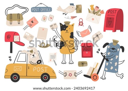 Vector set of a postman, parcel delivery man, mailboxes, and mail letters. Fanny collection with catand dogs. 