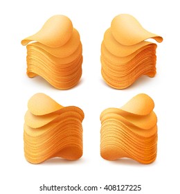 Vector  Set of  Potato Crispy Chips Stacks Close up Isolated on White Background