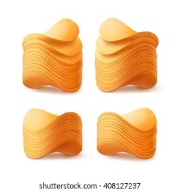 Vector  Set of  Potato Crispy Chips Stacks Close up Isolated on White Background