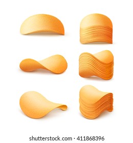 Vector  Set of  Potato Crispy Chips Stacks Close up Isolated on White Background