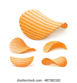 Vector  Set of  Potato Ripple Crispy Chips Close up Isolated on White Background