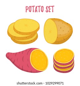 Conjunto de vectores de papa. Caramelos violetas, patatas marrones y rodajas. Hecho en estilo plano de caricatura