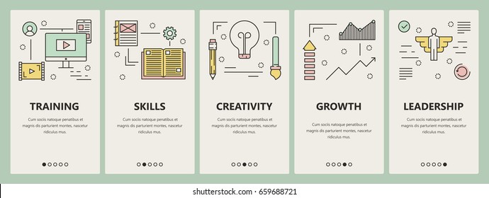 Vector set of potential concept vertical banners. Training, Skills, Creativity, Growth and Leadership templates. Modern thin line flat design elements, symbols, icons for website menu, print.