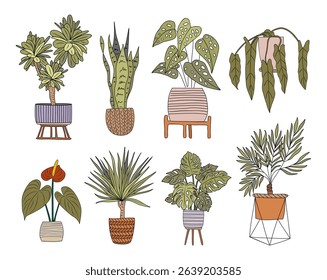 Vector set of potted houseplants including Monstera, Alocasia, Peace Lily, Snake Plant, Dracaena, and Yucca in handmade decorative pots. Indoor plants isolated on white background