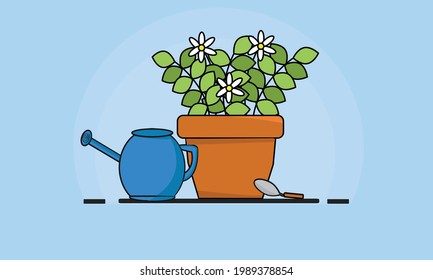 vector de un conjunto de macetas con una lata de agua sobre un fondo azul. vector de planta. ilustración de planta. se puede utilizar para tarjetas de invitación, fondos y fondos de pantalla