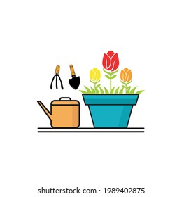 vector a set of potted, plants with watering can on a white background. plant vector. plant illustration. 