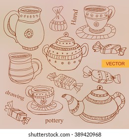 Vector set of pottery in ink hand drawn style. Collection of pottery. Vintage kettle, pitcher, saucer, mugs and candy. Vector illustration.