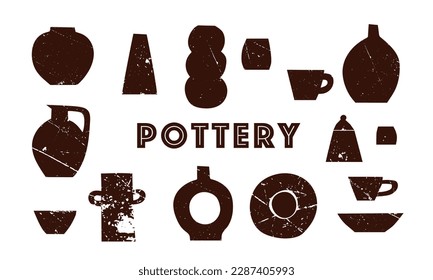 Vector set of pottery items. Pot, vase, cup, plate, jug. Brown on a white background. Kitchen, cooking, home, cook, cafe, restaurant, retro, silhouette, minimalism, stylization, illustration. Eps10