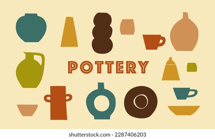 Vector set of pottery items. Pot, vase, cup, plate, jug. Colored on a beige background. Kitchen, cooking, household, cafe, restaurant, retro, silhouette, minimalism. Eps10