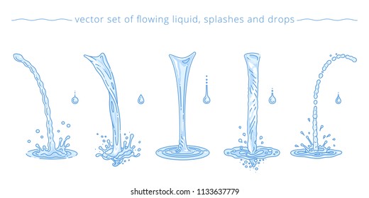 Vector set of pouring water flows, drops and splashes. Purified drinking and tap water. Various streams and trickles. Collection of light blue liquid elements. Simple templates. Modern linear style.