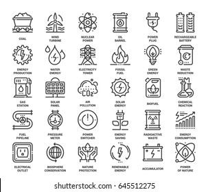 Vector Set Of Power And Energy Flat Line Web Icons. Each Icon With Adjustable Strokes Neatly Designed On Pixel Perfect 48X48 Size Grid. Fully Editable And Easy To Use.