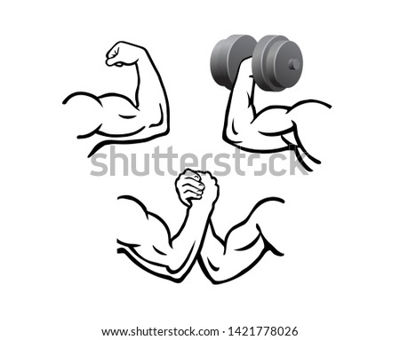 Vector set of powerful muscular male arms. Doing exercises with dumbbell. Arms in a wrestling competition. Isolated on white background